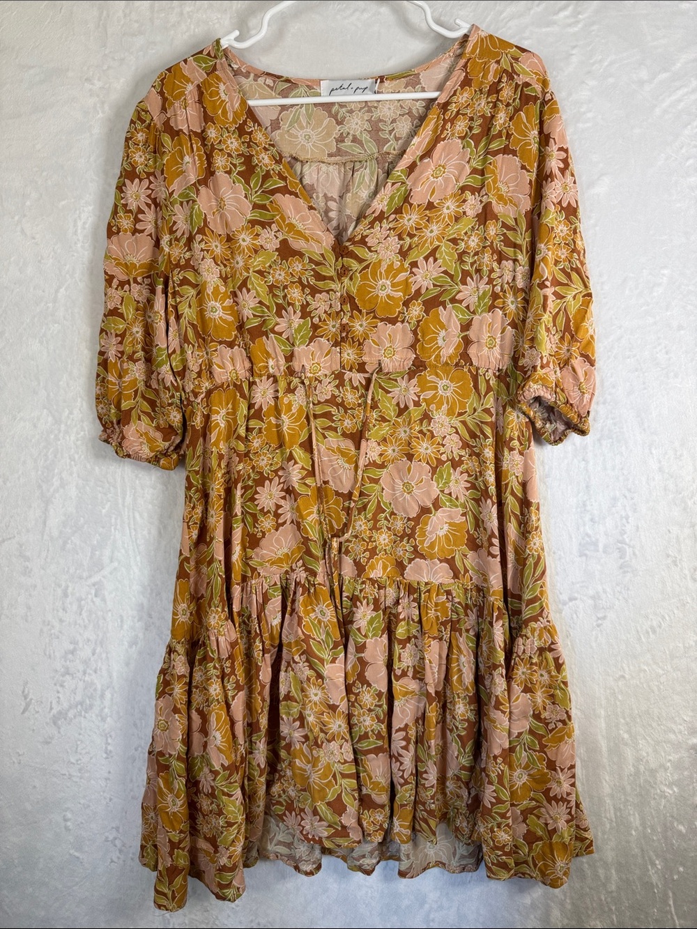 Petal & Pup Pink and Mustard Floral Tiered V-Neck Dress Small